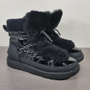 UGG Highland Shearling Waterproof Bootie, Black Leather, Womens Size 8 / 39
